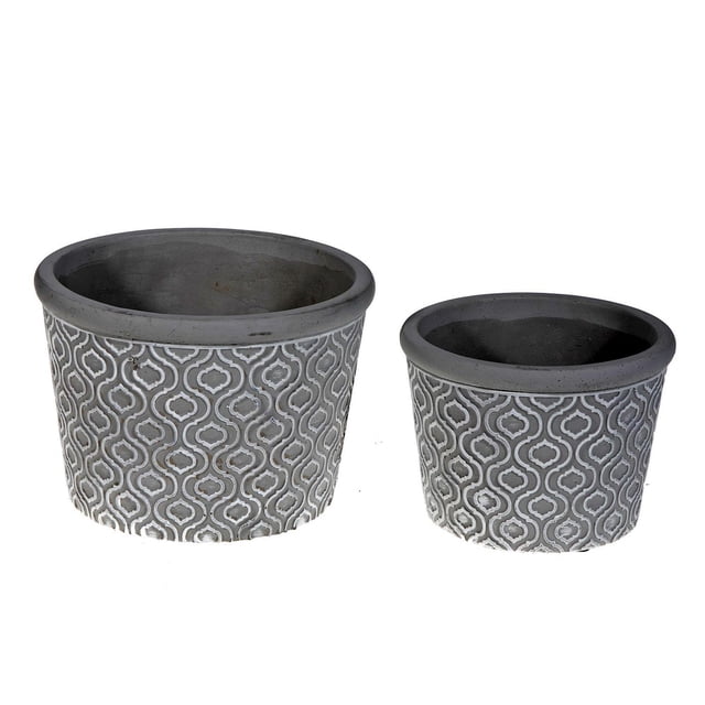 2 Pc Cement Round Planter set in diamond gray featuring two round cement planters with a raised white quatrefoil pattern on gray, measuring 7.7 by 7.7 by 5.5 inches and 5.9 by 5.9 by 4.55 inches, ideal for garden and indoor decor, also suitable for organizing small household items.
