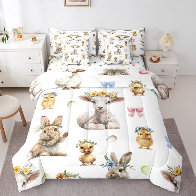 Cute Sheep Duck Bedding Set Full Size 7 Pcs,Spring Style Flowers Bed Set for Kids Girls Farmhouse Cartoon Animals Comforter Set,Polyester Bed in a Bag with Comforter,Sheets,Pillowcases Room Decor
