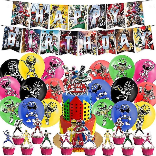 Power Rangers Ensemble de Décorations de Fête d'Anniversaire à Thème Power Rangers par ZJKDGJKJ. Comprend une Bannière Vibrante avec des Personnages Power Rangers Épelant « Happy Birthday », 18 Ballons Colorés Mettant en Vedette des designs Power Rangers, 12 Pics à Cupcakes en Forme, et un Grand Dessus de Gâteau avec un Thème Power Rangers. Fabriqué à Partir de Matériaux Réutilisables de Haute Qualité, Cet Ensemble Est Parfait pour les Fêtes d'Anniversaire, les Décorations de Chambre d'Ado Ou les Événements de Divertissement en Famille.
