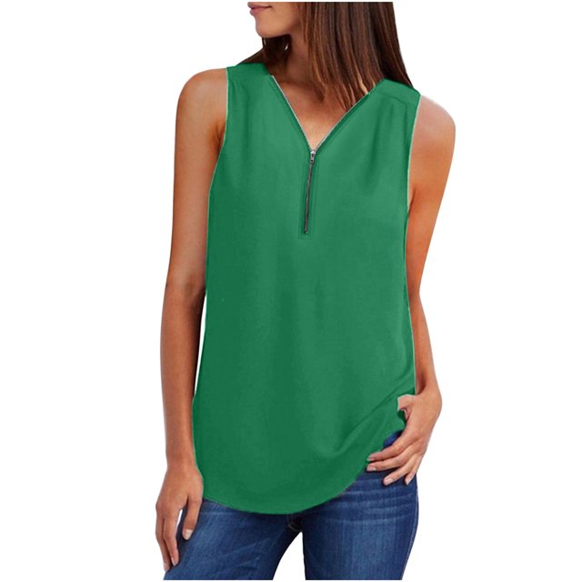 Cameland Camisoles d'Été Sans Manches pour Femmes à Fermeture Éclair, Tunique Décontractée à Col en V, Blouse à Manches Roulables