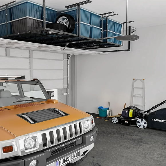 Étagère de Rangement de Garage au-Dessus de la Tête 96 Pouces x 36 Pouces x 40 Pouces, Système d'Organisation de Rangement pour Plafond en Métal à Hauteur Réglable 22 Pieds'-40 Pouces, Capacité de Charge 600 Lb, Noir