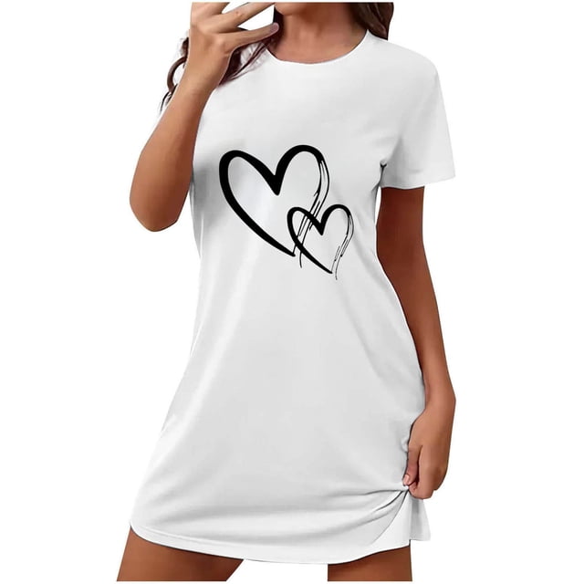 Tnhcen Robe de Nuit Courte à Imprimé Cœur pour Femme Grande Taille– Col Rond Manches Courtes P-2TG pour Tenue d'Intérieur Tendance et Confort Quotidien