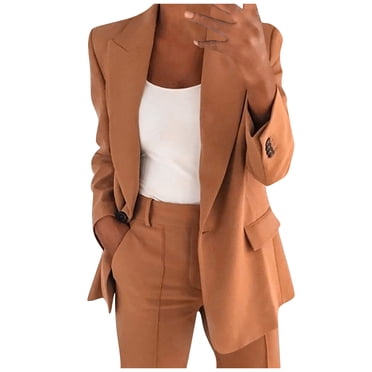 PEZHADA Économies d'Automne Blazer pour Femme Froncé à Manches Longues Ouvert à l'Avant Veste Décontractée Affaires Travail Bureau Blazers avec Poches Brun