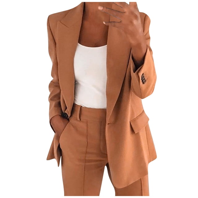 PEZHADA Économies d'Automne Blazer pour Femme Froncé à Manches Longues Ouvert à l'Avant Veste Décontractée Affaires Travail Bureau Blazers avec Poches Brun