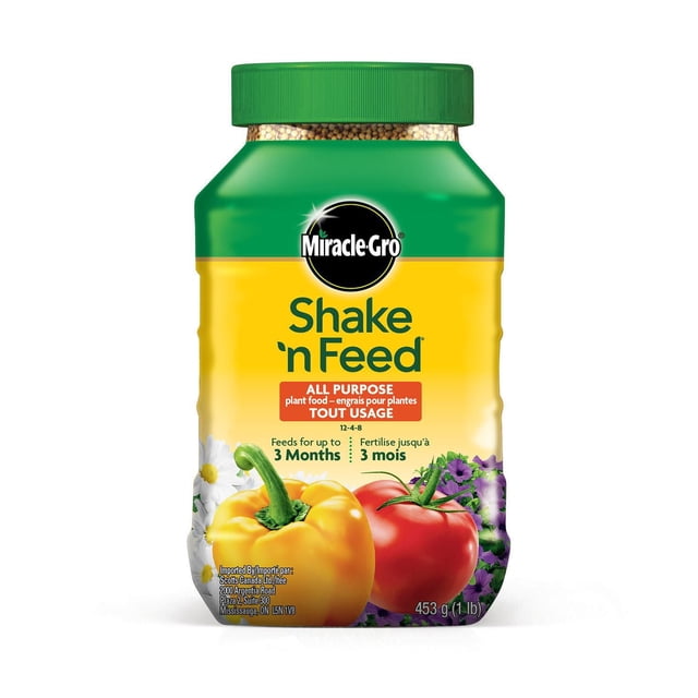 Miracle-Gro Shake N Feed All Purpose Plant Food 12-4-8 in a green and yellow plastic container with a green lid, containing granular fertilizer. The label shows a yellow bell pepper, red tomato, daisies, and purple flowers, indicating use for vegetables, flowers, trees, and shrubs. It feeds plants for up to 3 months and contains 453 g (1 lb), suitable for in-ground and container gardening in Canada.