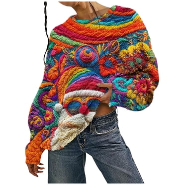 Meichang Ugly Christmas Sweater Women Funny Xmas Graphic Crewneck Pullover Long Sleeve Loose Fit Winter Knit Sweaters Christmas Party Sweater Women