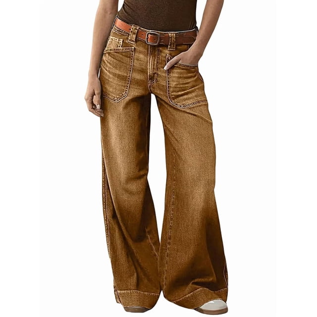 Womens Wide Straight Leg Mid Rise Baggy Pocket Denim Jeans Without Belt Dark Brown L
