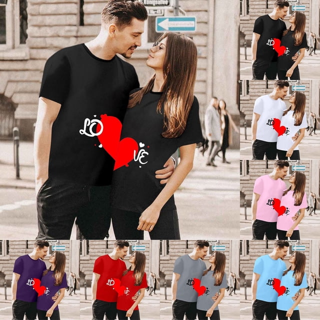 Chandails des Fêtes pour Couples Assortis Imprimé Cœur de la Saint-Valentin Mode Manches Courtes Décontracté Col Rond T-Shirt Ample Confortable Confortable Doux T-Shirt de Base pour Lui et Elle Vêtements de Vacances Noir TG