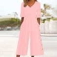 thumbnail image 2 of Yuyuzo Womens Wide Leg Jumpsuits Short Sleeve V Neck Casual Loose Comfy Button Split Rompers with Pockets, 2 of 6