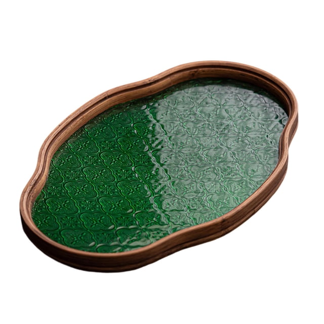 GROWTH TANK Begonia Flower Glass Tray Snack Countertop Bread Fruit Desk Tray Decorative Tray Green Large