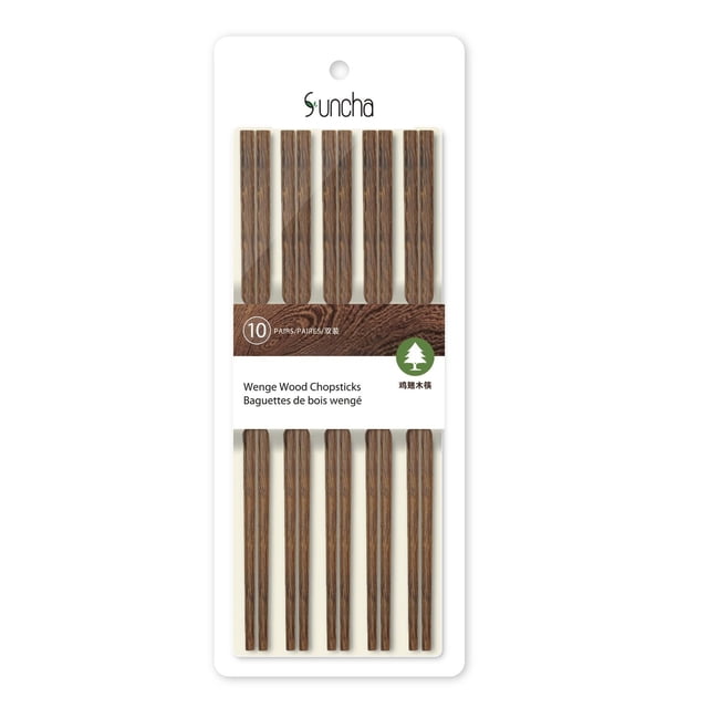 Suncha Craft Wenge Wood Chopsticks set containing 10 pairs of dark brown wood grain chopsticks in white retail packaging with brand logo and bilingual labeling, ideal flatware for dining and entertaining use.