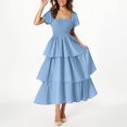 thumbnail image 2 of yoeyez Robe d'Été pour Femme à Manches Courtes Volantées, Encolure Carrée, Robe Midi Smockée, à Étages, Plage, Vacances, Fluide, Coupe Trapèze, Bleu Pâle, 2TG, 2 of 7