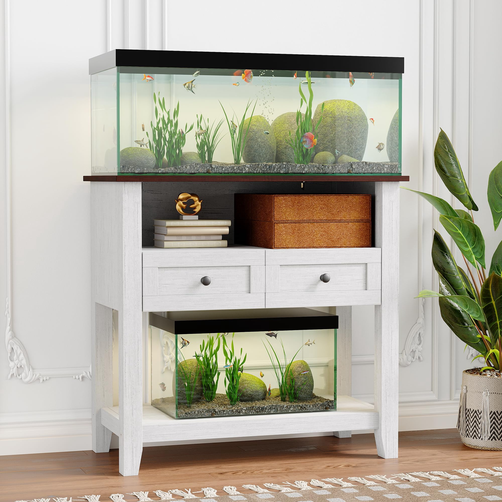 Aquarium Stand – 20-29 Gallon with Charging Station – 660 lb Heavy Duty – Fish Tank Stand – Drawers & Open Storage – Reptile & Turtle Tank