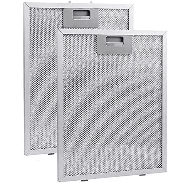 2PCS Cooker Hood Filters Metal Mesh Extractor Vent Filter measuring 320x260mm, designed for range hoods and grease extraction. The filters feature a durable metal mesh construction with five layers of aluminized grease for enhanced filtration. The package includes two filters suitable for maintaining air circulation and odor removal in kitchen hoods. The filters are shown in a silver finish with a rectangular design and integrated handles for easy installation.