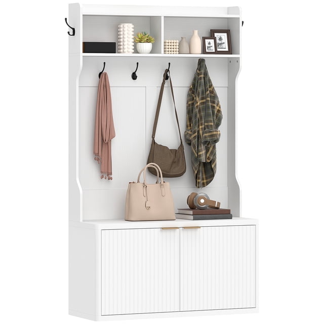 HOMCOM 4-In-1 Hall Tree with Shoe Bench, Modern Coat Rack for Hallway White