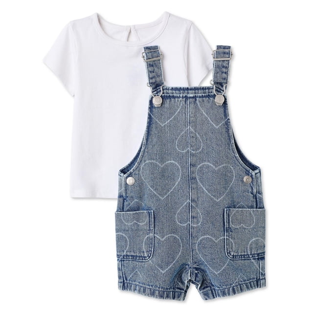 George Baby Girls' Two Piece Short Overall Set with a white 100% cotton short-sleeve crew neck T-shirt featuring a back keyhole button closure, paired with blue denim short overalls decorated with light heart patterns, adjustable shoulder straps, side snap-button closures, snap-button inseam, and two patch pockets for comfortable baby girl layette wear.