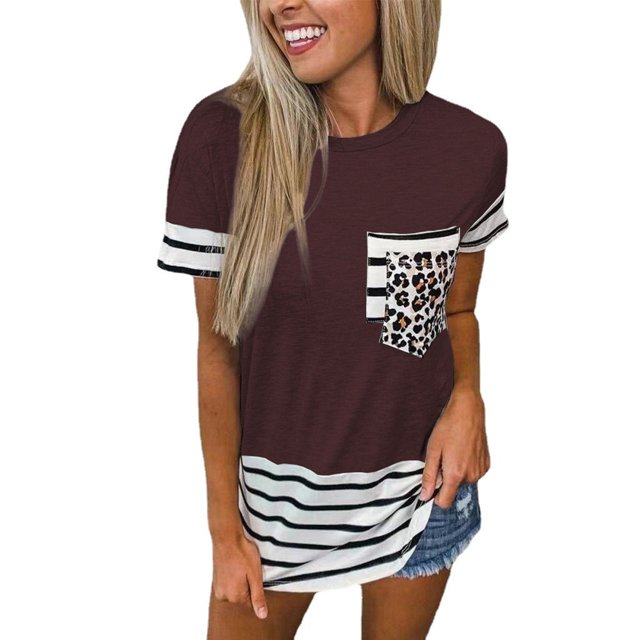 Nouveau T-Shirt Décontracté pour Femmes à Manches Courtes Tops à Rayures Patchwork Col Rond Grandes Poches Taille Chemisier en Vrac