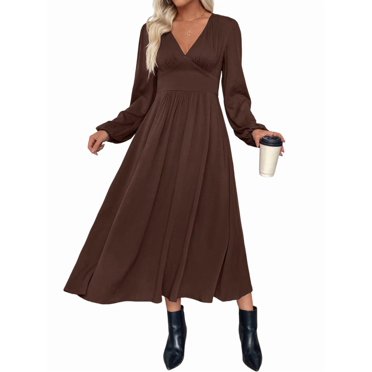 Pleated Satin Bridesmaid Dress V-Neck Long Sleeve Maxi Dresses for Women Brown M