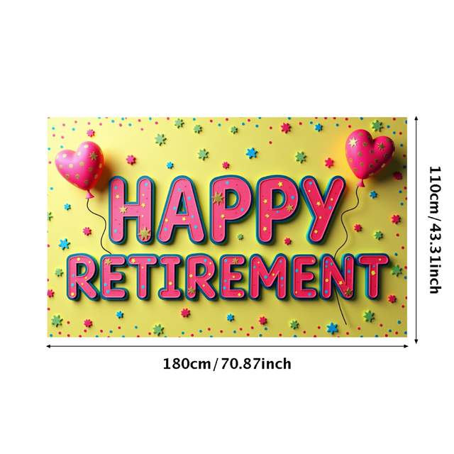 Shiny Orange Happy Retirement Banner on Blue Satin Backdrop with Butterfly and Star Elements Party Decoration Retirement Celebration Photography Props Background Decor