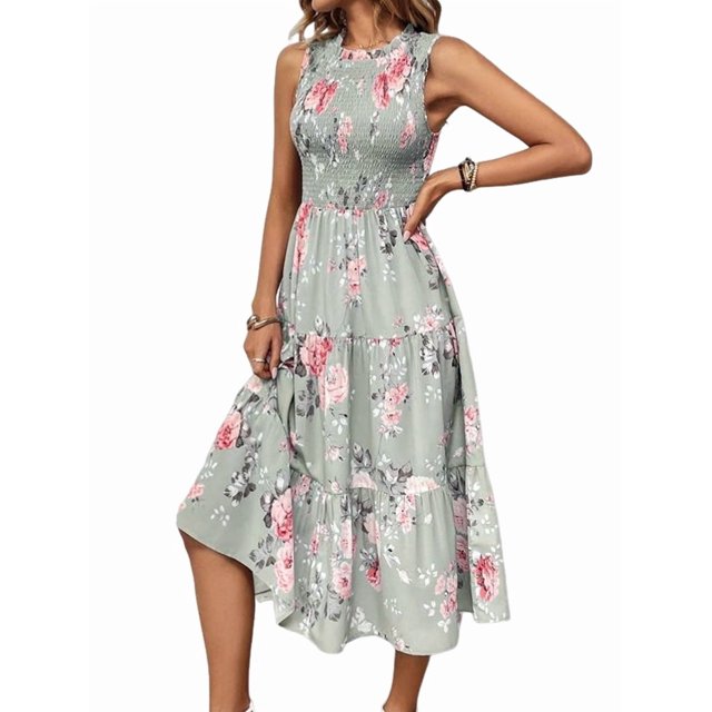Robe d'Été Mi-Longue à Fleurs pour Femme, Manches à Volants, Robe Smockée, Fluide, Invitée de Mariage, Vert, Fleur, TG