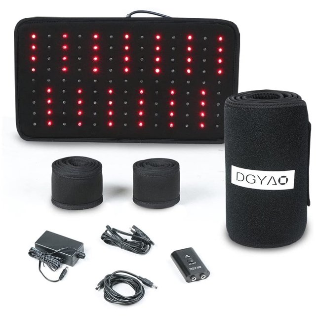 DGYAO Red & Infrared Light Belt Pad Flexible Wearable Wrap for Waist Back Shoulder Joints Muscle. The image displays the infrared light system featuring 117 LEDs for deep-penetrating warmth. The package includes an adjustable wrap, two Velcro straps, a power adapter, cables, and a control unit with customizable settings. The wrap is designed for hands-free use and targets areas like the back, neck, shoulders, and hips. The DGYAO logo is visible on the rolled-up wrap, emphasizing its portability and convenience.