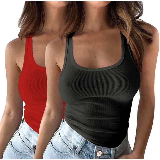 Plebaso 2 Pack Ribbed Tank Tops for Women Spaghetti Strap Slim Tops Scoop Neck Sleeveless Summer Tops