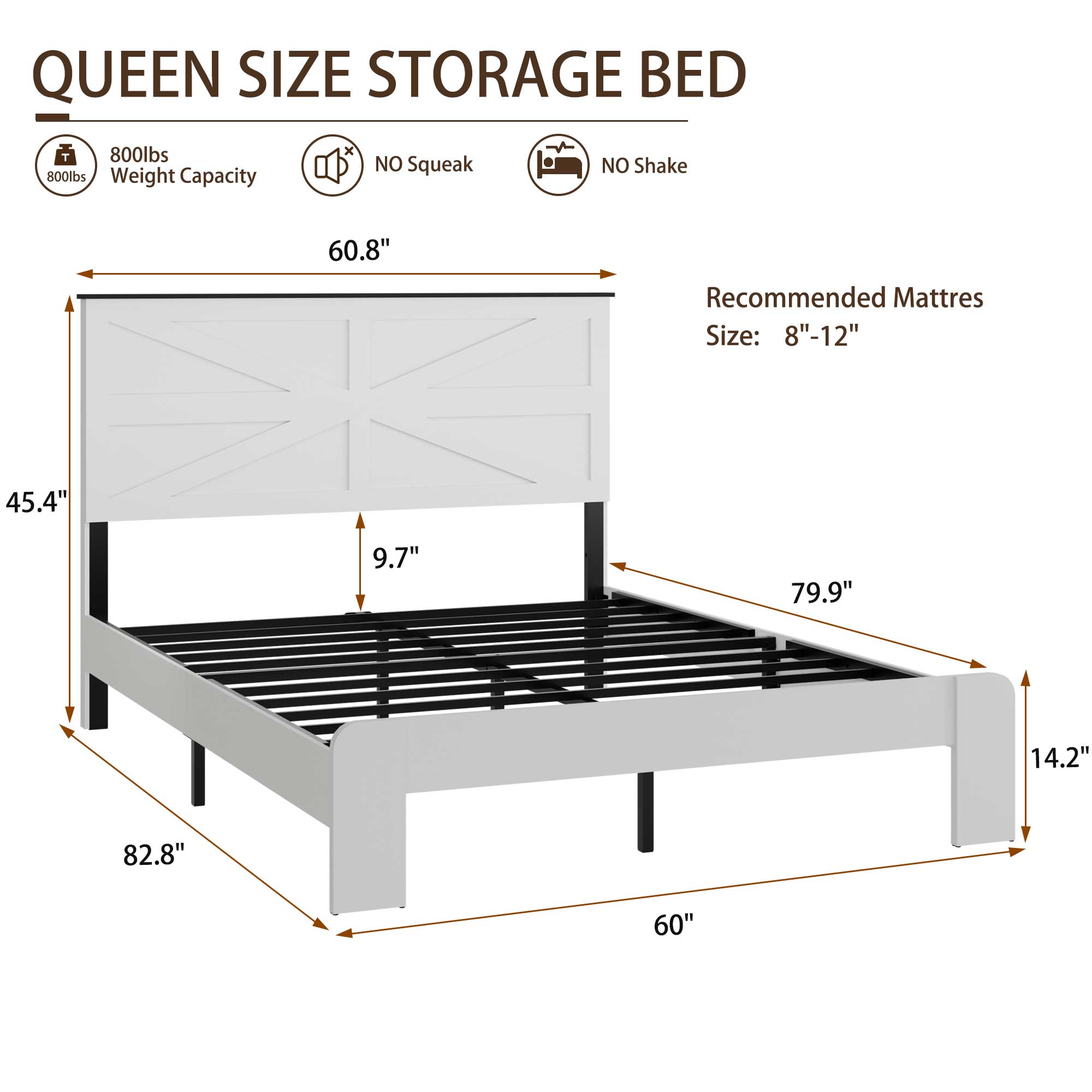 Cadre de lit de plateau Noble House Queen en bois, dossier et pied de porte à conception de chaume avec supports en lames métalliques, blanc