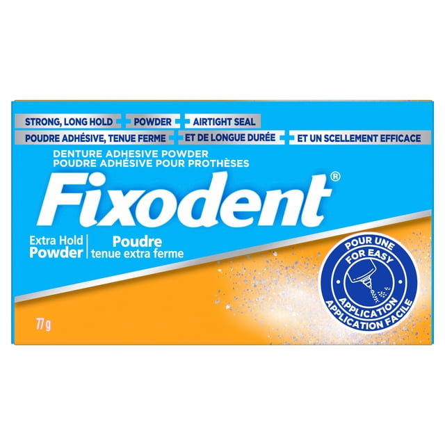 Fixodent Adhésive Poudre pour Dentier à Tenue Supplémentaire en Boîte de 77 g Bleu et orange avec Texte Bilingue Anglais et Français, Mettant en Valeur une Poudre de Tenue Forte et Durable avec un Joint Hermétique et une application Facile pour un Ajustement Sécuritaire des Dentiers et le Confort.