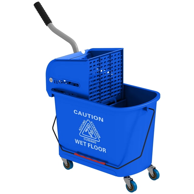 HOMCOM Seau à Vadrouille Compact avec Essoreuse sur Roues 5 Gallons, Bleu. Ce Seau à Vadrouille Présente une Capacité de 5 Gallons, une Essoreuse à Pression vers le Bas Amovible et un Panneau de Séparation de l'Eau pour un Nettoyage Efficace. Fait de Plastique Moulé avec une Poignée en Acier Enduit de Poudre, Il Comprend Quatre Roulettes de 2 Pouces à Roulement Fluide pour une Mobilité Facile. le Seau Bleu a un Texte « Attention Plancher Humide » et Convient aux Petites Vadrouilles, Idéal pour les Maisons Ou les Petits Lieux de Travail.