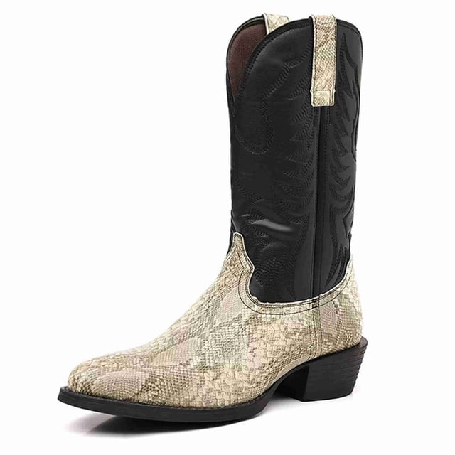 Men's Western Cowboy Boots - Retro Embroidery Mid Calf Pull-On Boots with Snakeskin Pattern, Round Toe, Chunky Heel, Slip Resistant, (Brown & Black Options)