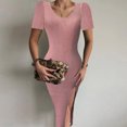 thumbnail image 2 of EQWLJWE Robes d'Été pour Femmes 2023 Mode pour Femmes Couleur Unie Aguichant à Manches Courtes Robe en Tricot Fendue, 2 of 8