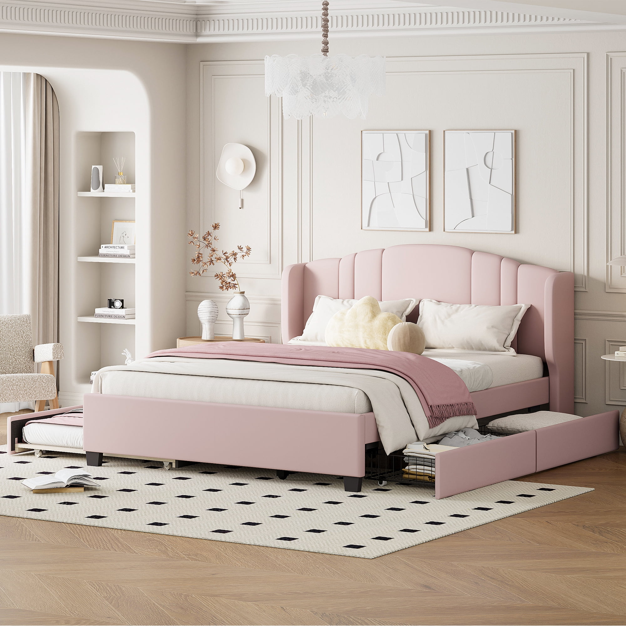 Lit plateforme capitonné Noble House avec tête de lit à oreilles, grand lit, rose