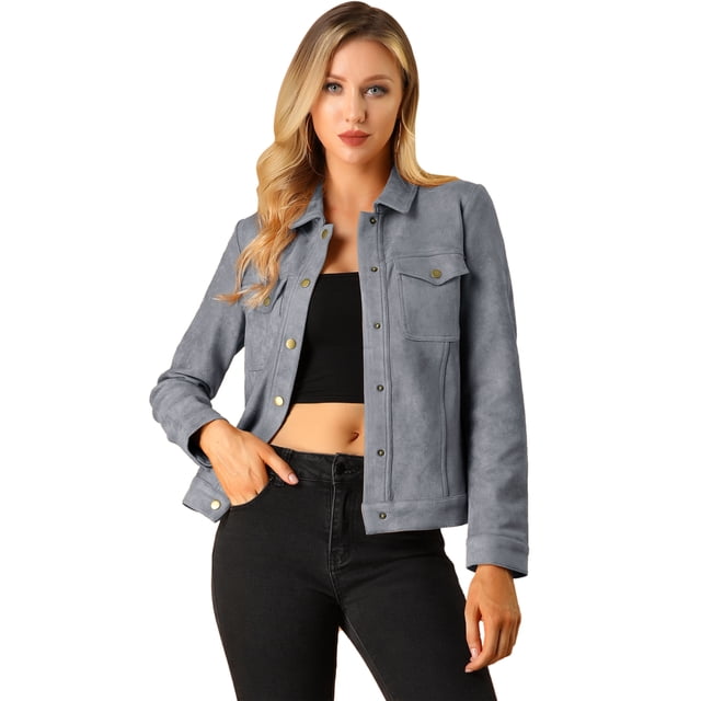 INSPIRE CHIC Women's Jackets Long Sleeve Faux Suede Trucker Motorcycle Jacket