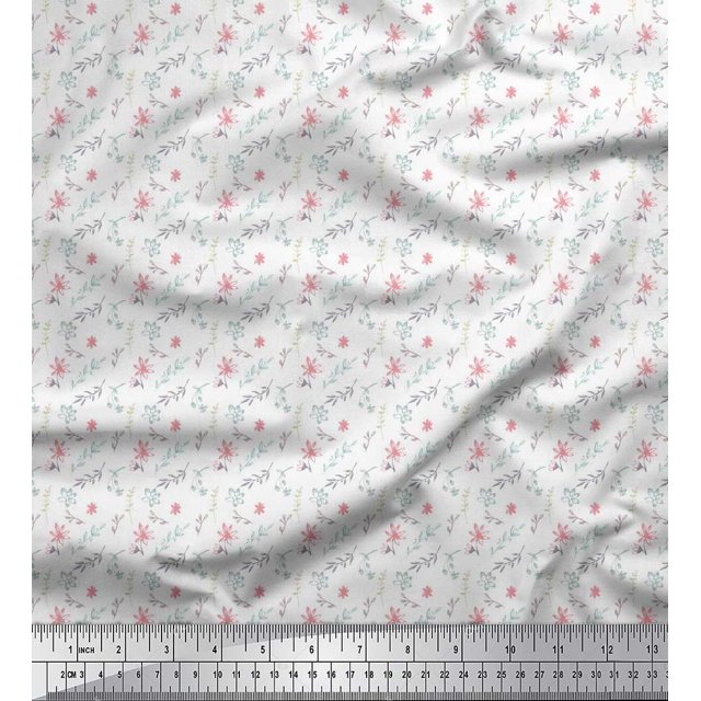 Soimoi White Rayon Fabric Floral & Leaves Decor Fabric Printed Yard 42 Inch Wide