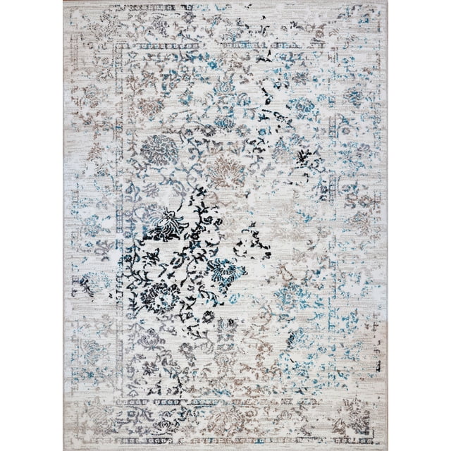 LaDole Rugs Cream Beige Blue Area Rug, Living Room, Contemporary, Vintage, 5' x 7', Plush Feel
