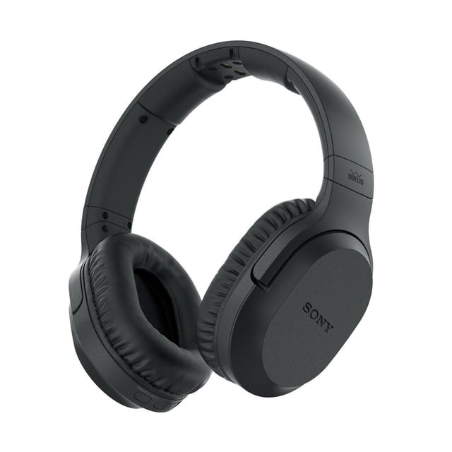Sony WHRF400 over-ear wireless headphones in a sleek black design, featuring large 1.57-inch driver units for detailed audio clarity. These headphones include a built-in noise reduction system to block interference, a Voice Mode button for enhanced dialogue clarity, and a 150ft wireless range for uninterrupted movement. They offer up to 20 hours of playtime and are designed with soft, adjustable earpads and a twist-and-tilt headband for long-lasting comfort. The headphones come with a transmitter dock for easy setup and charging, as well as an audio cable for optional wired listening.