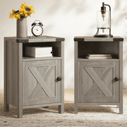 VEANERWOOD Nightstands Set of 2, Farmhouse End Tables with Charging Station, Bedside Tables, Rustic Grey