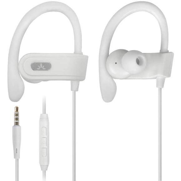 Avantree E171 Écouteurs Sport Filaires avec Microphone, Écouteurs Tour d'Oreille Résistants à la Sueur avec Crochet par-Dessus l'Oreille, Écouteurs Intra-Auriculaires de Course pour Entraînement Exercice Gym Compatibles avec iPhone, Téléphones Cellulaires - Blanc