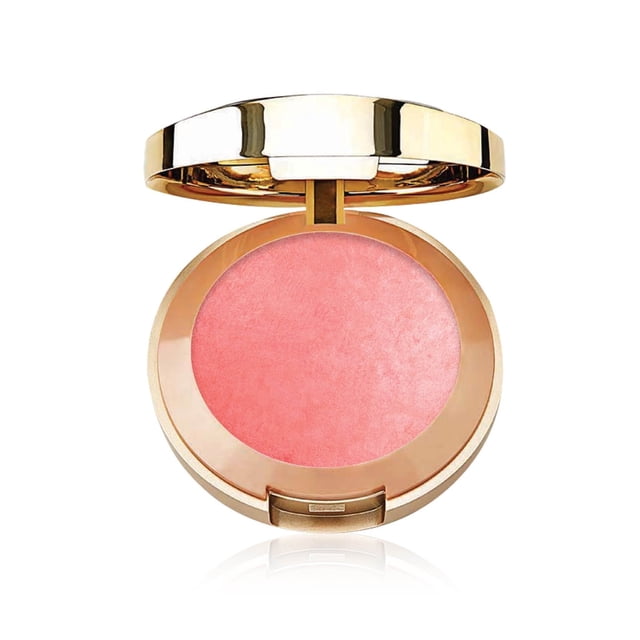 Milani Baked Blush in a round gold compact with an open lid, showing a smooth pink powder blush with satin and shimmer finish, richly pigmented and buildable for a natural, luminous cheek glow suitable for all skin tones.