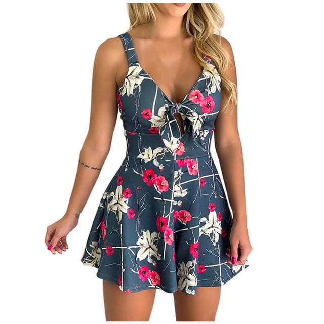 Penkiiy Combinaisons pour Femmes Femmes Mode Bandage Dos Nu Col en V Sans Manches Décontracté Imprimé Combinaison Courte Gris G Combinaisons