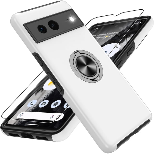 KOMI Pixel 7 Case, Google Pixel 7 Case with HD Screen Protector, Shockproof Google Pixel 7 Phone Case with 360° Magnetic Ring Holder Kickstand Phone Case for Google Pixel 7 Silver