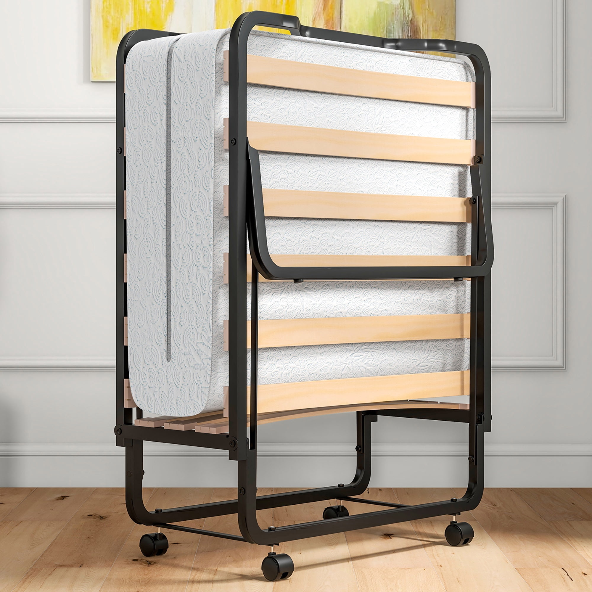 Gymax Portable Foldable Guest Bed w/ Solid Wood Slats & Metal