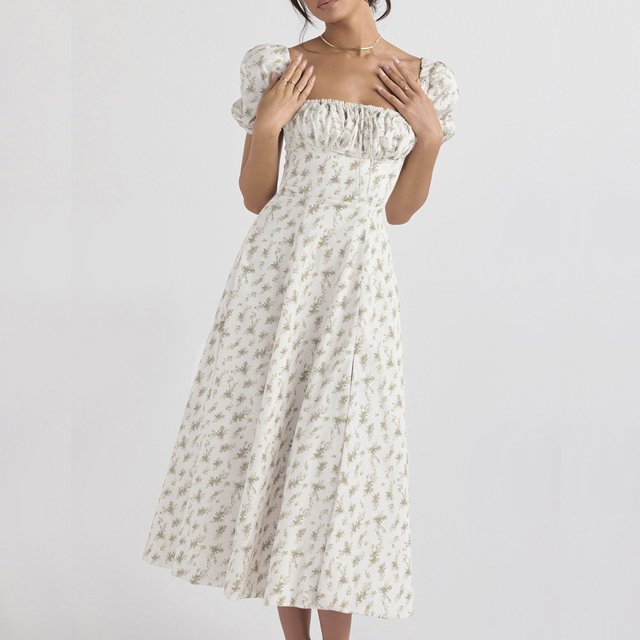 Robes Maxi pour Femmes 2023 avec Manches Aguichant Mode Ajustée Imprimée Femmes Décontractée à Manches Courtes Col Carré Robe Longueur Cheville Robe à Manches Courtes en Liquidation