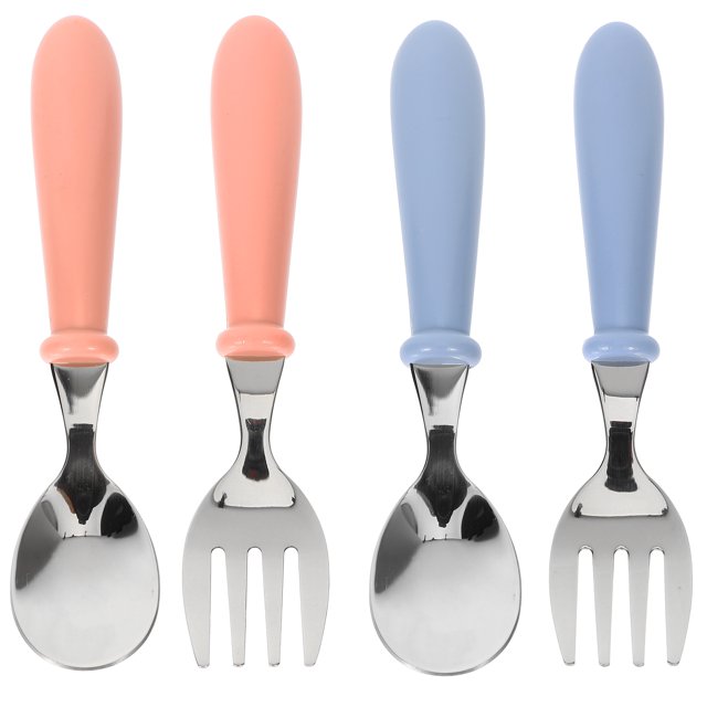 4Pcs Toddler Utensils Kids Silverware Children Spoons and Forks Set Baby Feeding Essentials. The set includes two spoons and two forks with stainless steel heads and ABS handles in assorted colours, featuring pink and blue. Designed for durability and ease of use, the utensils are lightweight, properly sized for toddlers, and have smooth, rounded handles for a comfortable grip. Dishwasher-safe and heat-resistant, ideal for baby feeding and as a thoughtful gift for families with young children.