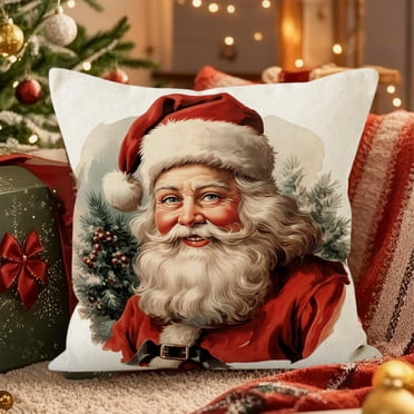 Fridja Décorations de Noël Extérieures Housses de Coussin de Noël Père Noël Housse de Coussin Décorative en Lin avec Couronne de Fille et Guirlandes Lumineuses Housse de Coussin Imprimée pour les Fêtes