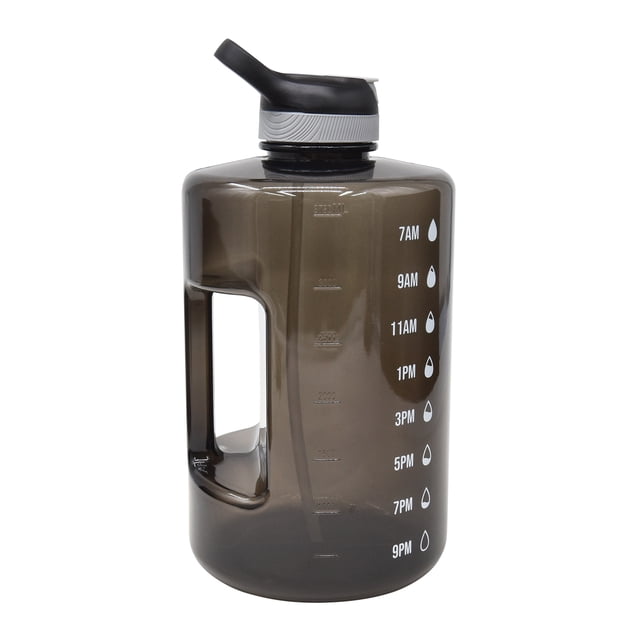 Mainstays Black 3.78 Litres Plastic Time Marker Straw & Handle Water Bottle with translucent dark grey body, integrated handle, black flip-top lid with grey screw cap, and white time markings from 7 AM to 9 PM to track hydration throughout the day, ideal for gym, office, and outdoor activities.