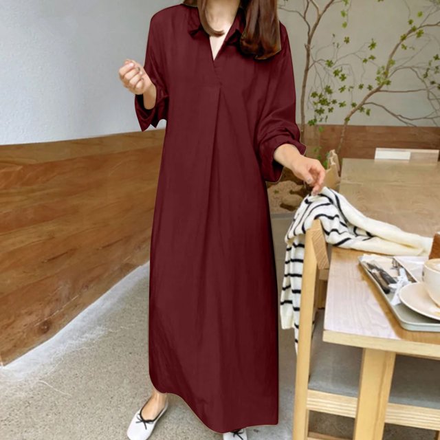 Gspmoly Robes pour Femmes, Robe Décontractée en Coton et Lin Uni à Col en V pour le Printemps et l'Été avec Poches et Manches Longues, Robes de Mariage pour Femmes Offres du Jour