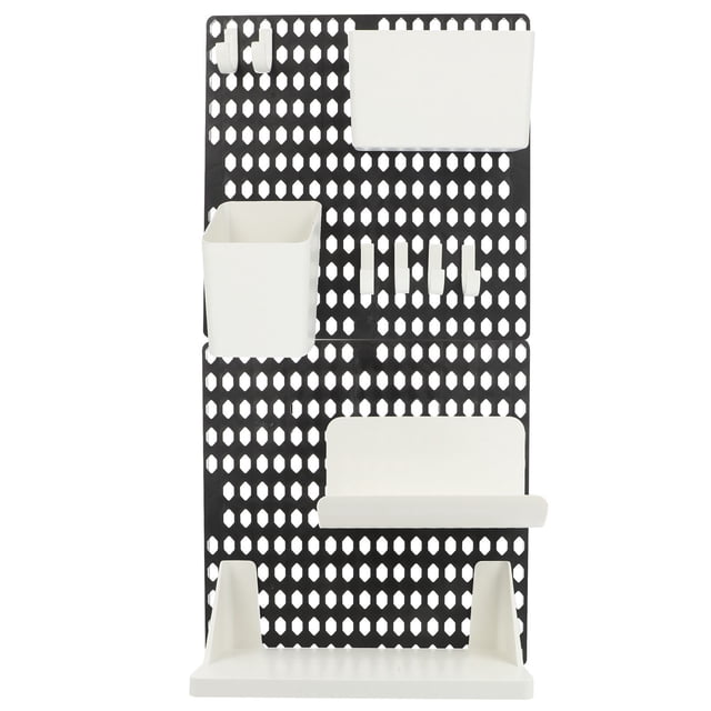BRIGHTFUFU Wall Peg Board Organizer Pegboard Accessory Plastic 1Pack Bathroom featuring a black rectangular pegboard with white plastic storage holders, hooks, and shelves. Ideal for garage storage, home organization, or office supplies. Dimensions: 50.00X25.00X4.00cm (19.65X9.82X1.57inch). Suitable for DIY storage solutions and maximizing space.