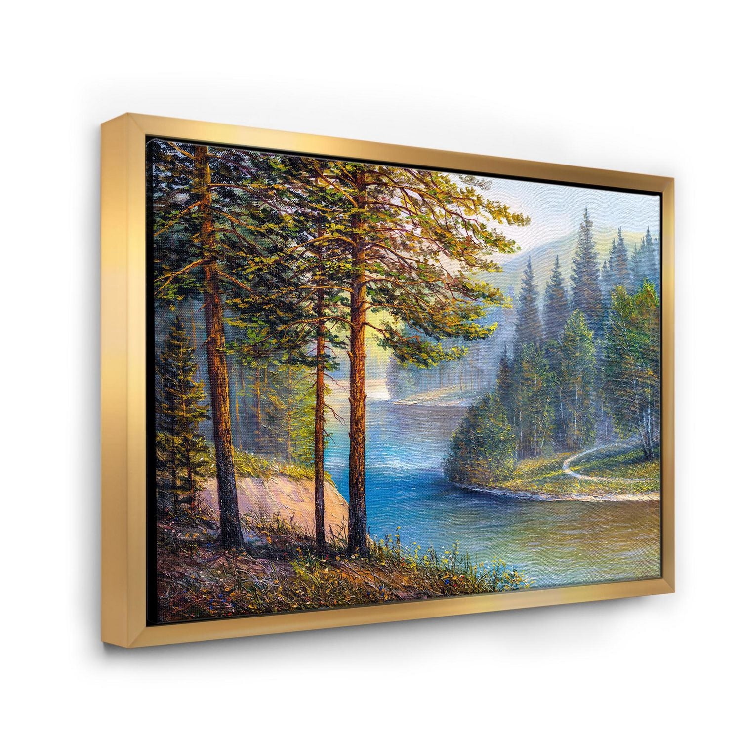 Designart Lumière du soleil du matin à travers la forêt de pins et de sapins ART MURAL À CADRE FLOTTÉ
