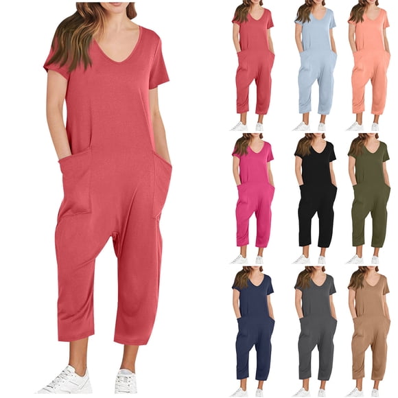 QATAINLAV Women's Loose Jumpsuits 2025 Summer One Piece Short Sleeve Overalls Solid Casual V Neck Wide Leg Jumpsuit with Pockets Orange XXL
